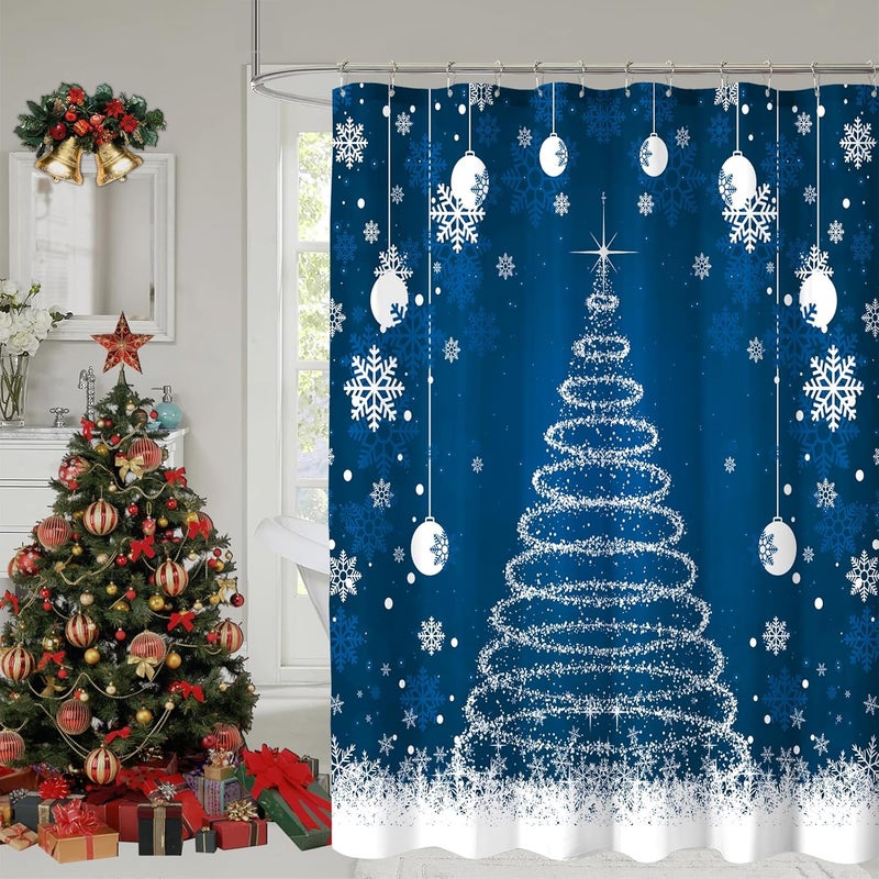 YOSTEV Christmas Shower Curtain, Blue Christmas Snowflakes Shower Curtains for Bathroom Decor, Winter Holiday Shower Curtain, Xmas Funny Glitter Sparkle Tree Fabric Cloth Bath Curtain, 72x72 Inch - Image 1